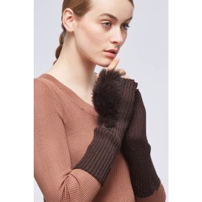Strikkede Handsker med Kanin U/Fingre - Mrk Brun