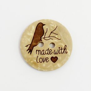 Tr�knap - Made With Love 23mm Med fuglemotiv (815)