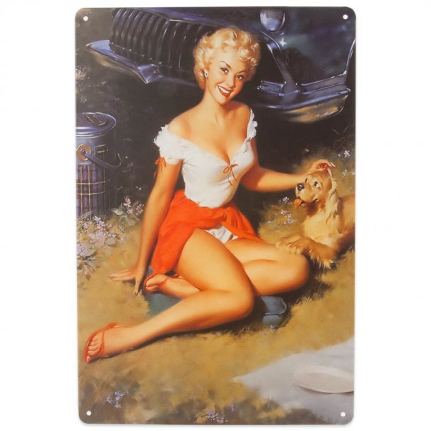 Metalskilt - Pin Up Girl Med Hund - (B273)